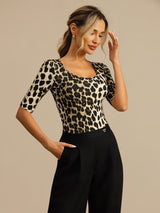 [Leopard] SilkSilky-DE Halblange Ärmel Tiefer Rundhalsausschnitt T-Shirt 005