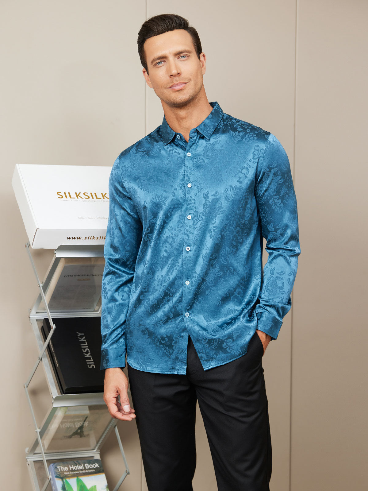 [Blau] SilkSilky-DE Seide Langärmelig Umlegekragen Herrenhemd 002