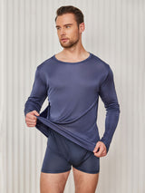 [Dunkelblau] SilkSilky-DE Long Sleeve Round Neck Herren T-Shirt 004
