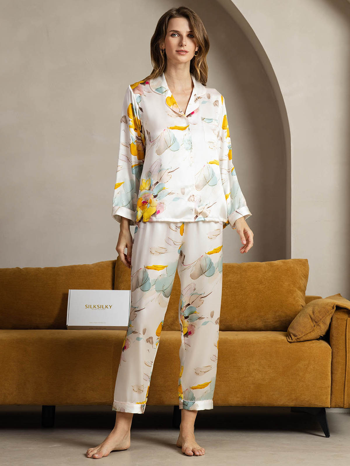 [Orchideen Tinte] SilkSilky-DE Reine Seide Womens Pajamas 001