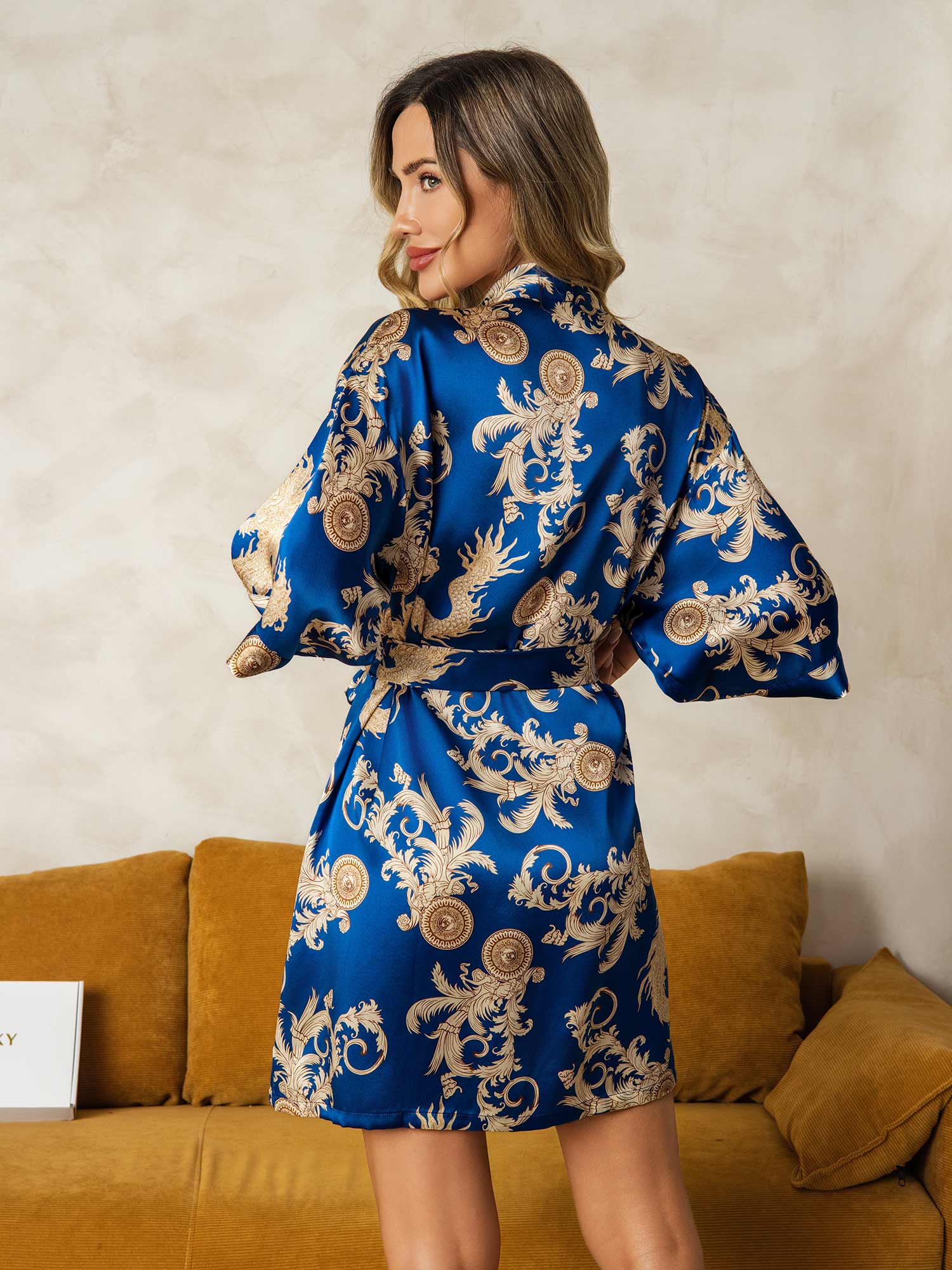 [Blau] SilkSilky-DE Reine Seide V Ausschnitt Damen Morgenmantel 002