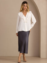 [Weiß] SilkSilky-DE Long Sleeve Deep V Neck Damenblusen 005