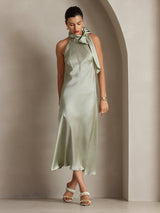 [Hellgrün] SilkSilky-DE 19Momme Stretch Silk Charmeuse Sleeveless Neckholder Kleider 007