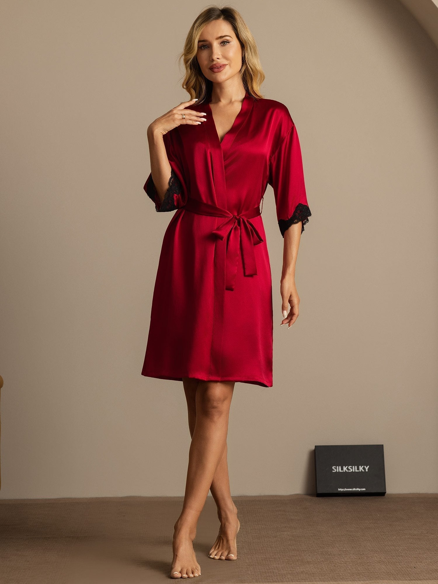 [Rotwein] SilkSilky-DE Reine Seide Womens Robe 003