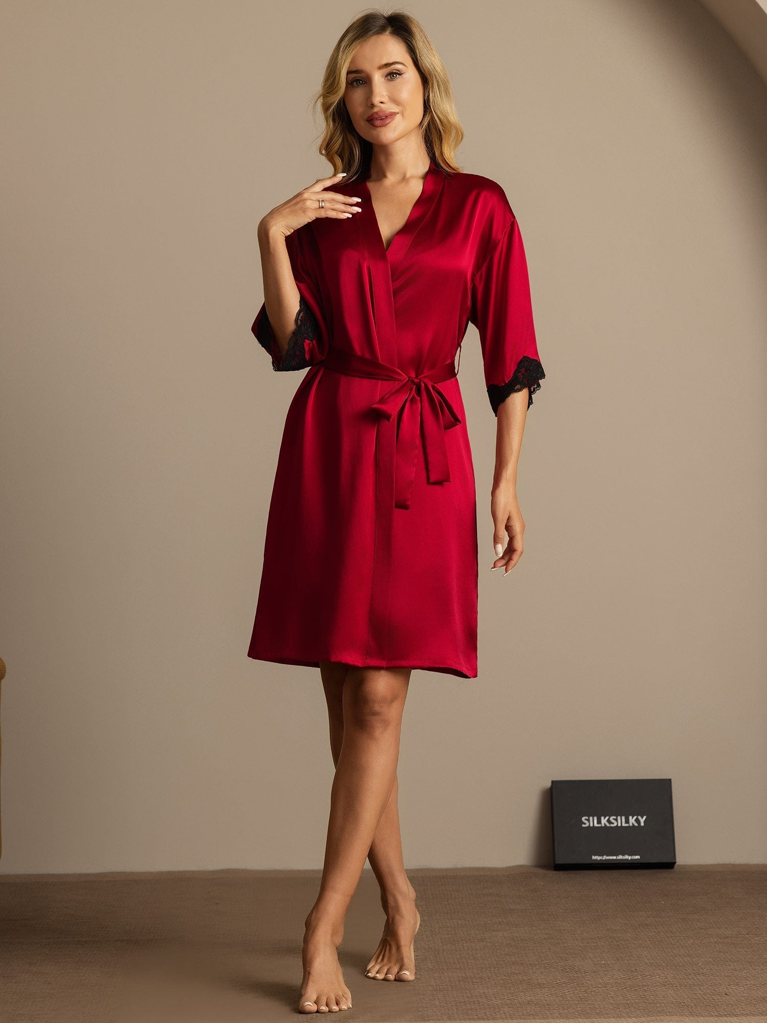 [Rotwein] SilkSilky-DE Reine Seide Womens Robe 003