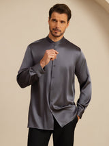 [Dunkelgrau] SilkSilky-DE Long Sleeve Stand Collar Herrenhemd 004