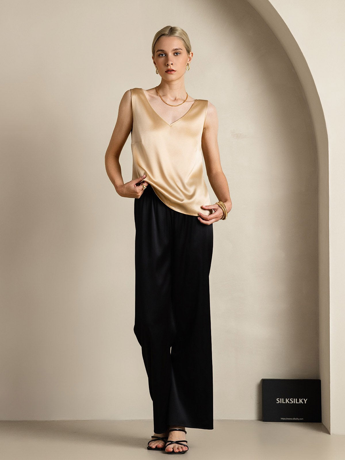 [Champagner] SilkSilky-DE 19Momme Seide V Ausschnitt Cami Top 006