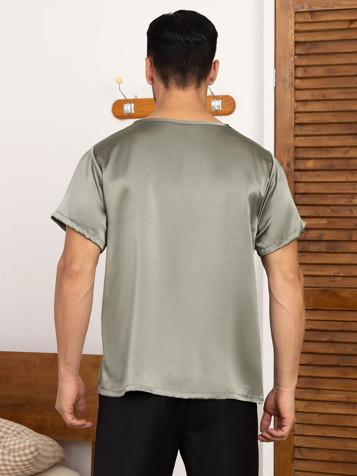 [Graugrün] SilkSilky-DE Reine Seide Kurzärmelig V Ausschnitt Herren T-Shirt 002