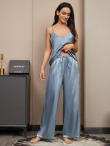 [Graublau] SilkSilky-DE Spaghettiträger V Ausschnitt Camisole-Set 003