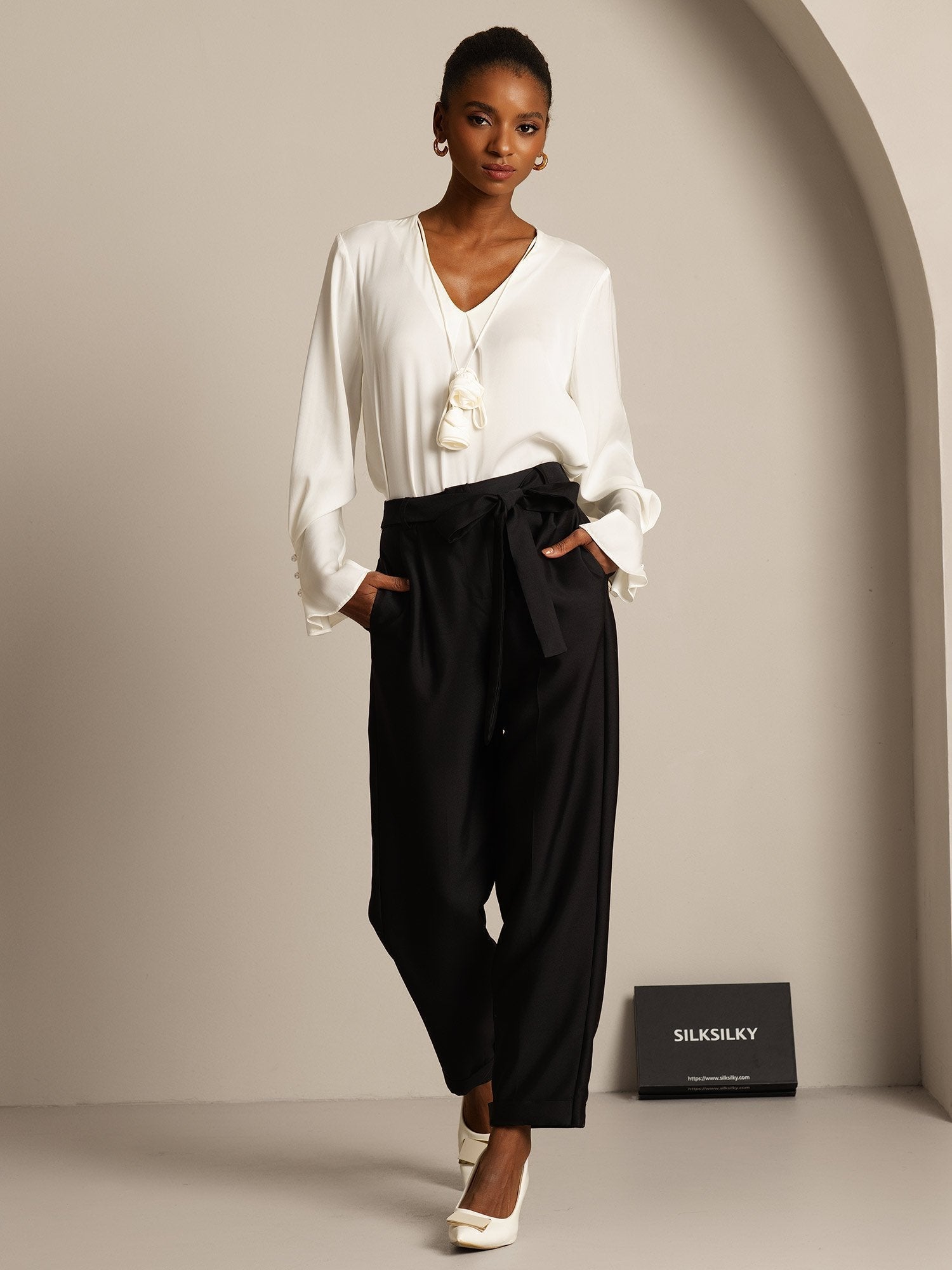 [Schwarz] SilkSilky-DE 32Momme Silk-Wool Blend Womens Pants 003,