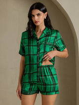 [Grünes Karomuster] SilkSilky-DE Short Sleeve Notch Collar Damen Pyjamas 004