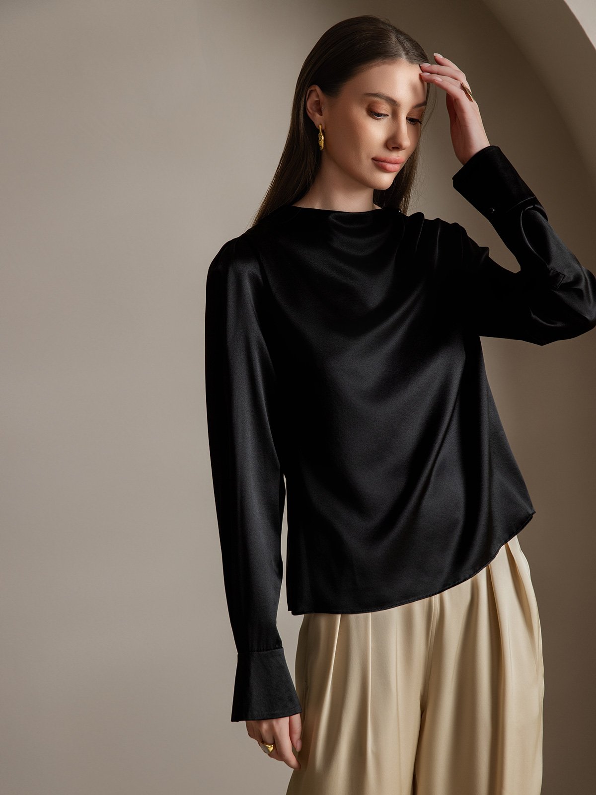 [Schwarz] SilkSilky-DE 19Momme Seide Womens Shirt 006