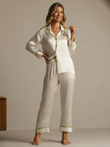[Weiß] SilkSilky-DE Langärmelig Notch-Kragen Damen Pyjamas 009