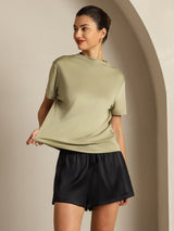 [Getrocknetes Kraut] SilkSilky-DE 100% Silk Jersey Short Sleeve Mock Neck T-Shirt 003