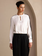 [Weiß] SilkSilky-DE Long Sleeve Keyhole Neck Damenblusen 004