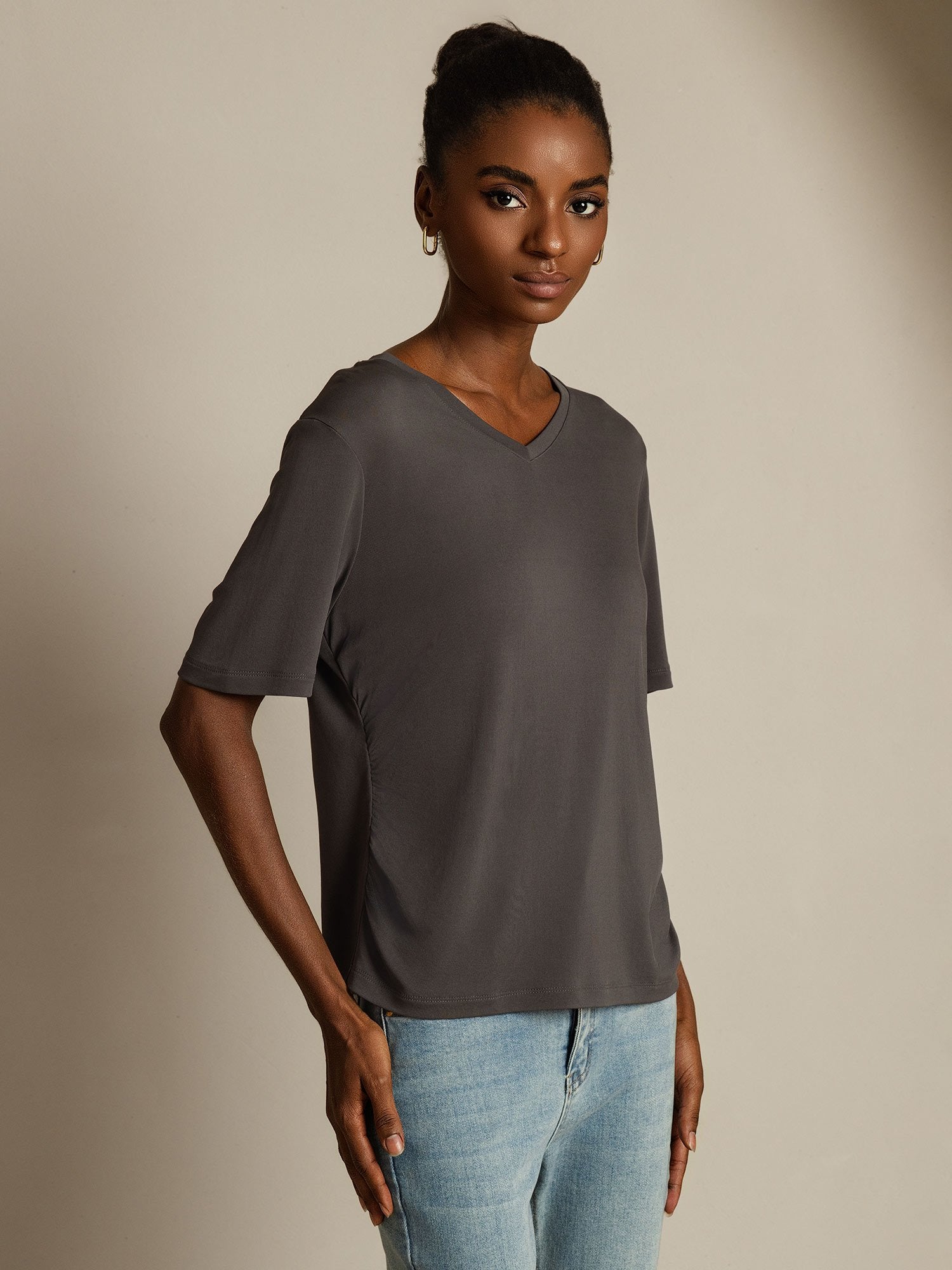 [Grau] SilkSilky-DE Reine Seide V Ausschnitt T-Shirt 001