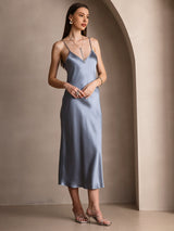 [Graublau] SilkSilky-DE Sleeveless V Neck Kleider 004