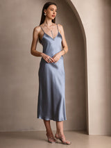 [Graublau] SilkSilky-DE Spaghetti Strap V Neck Kleider 004