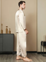 [Tan] SilkSilky-DE Reine Seide Langärmelig Revers Herren Pyjamas 004