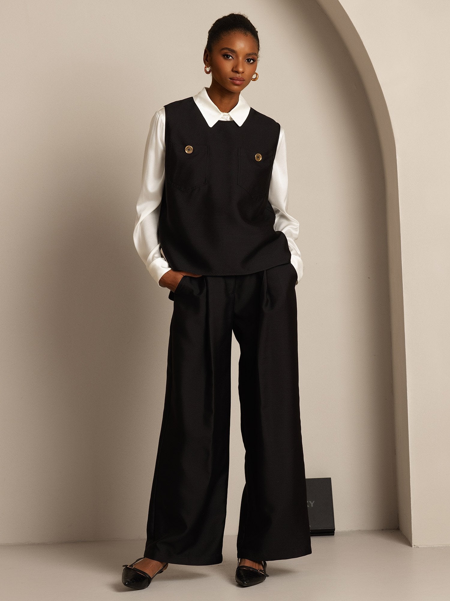 [Schwarz] SilkSilky-DE 32Momme Silk-Wool Blend Womens Vest 003,