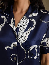 [Marineblauer Gepard] SilkSilky-DE Short Sleeve Notch Collar Damen Pyjamas 006