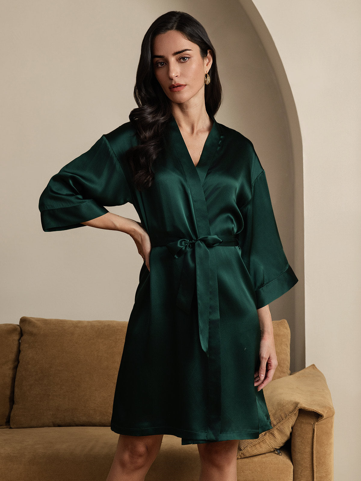 [Dunkelgrün] SilkSilky-DE Reine Seide Womens Robe 003