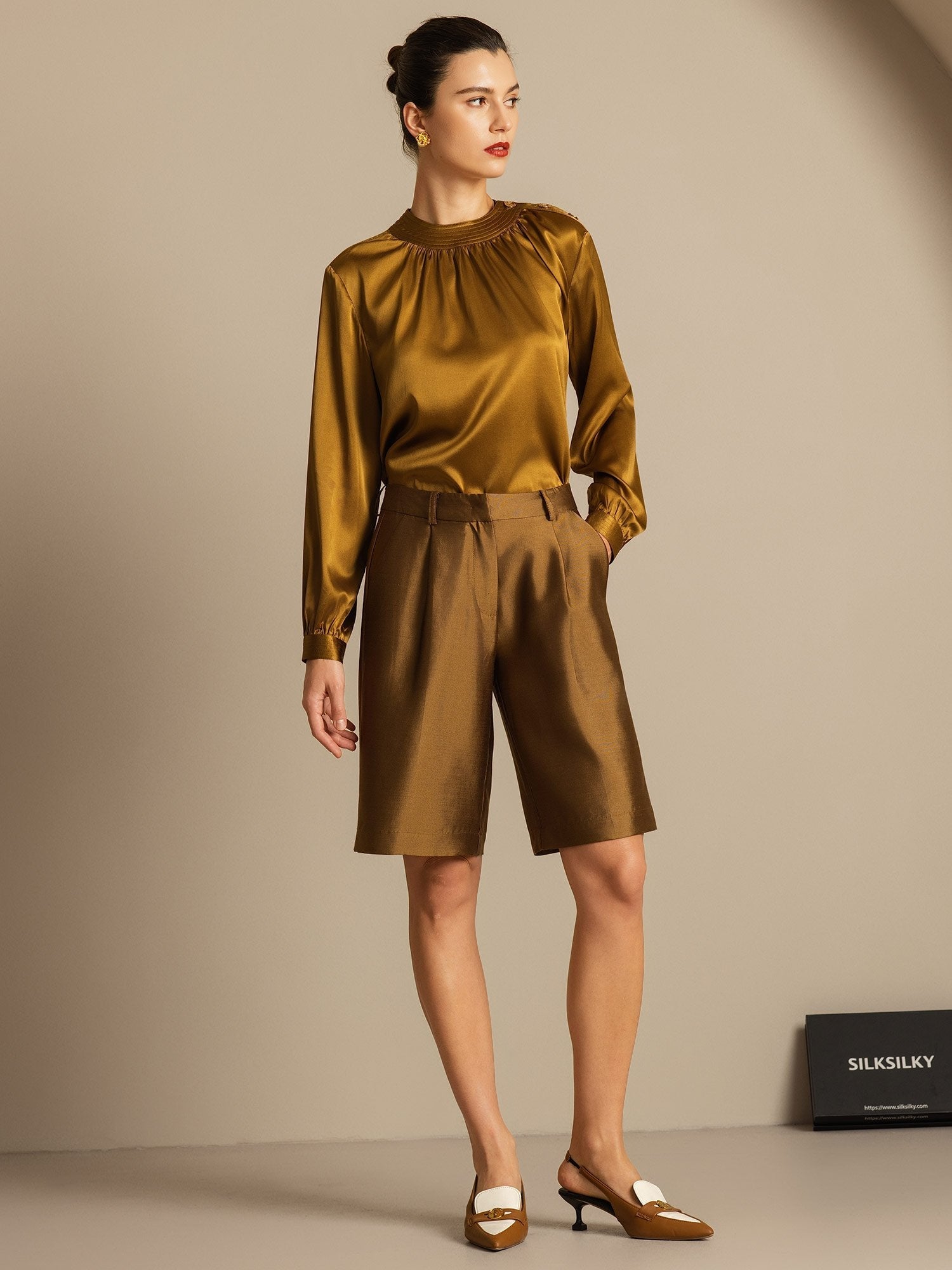 [Bronze] SilkSilky-DE 32Momme Silk-Wool Blend Womens Shorts 008,