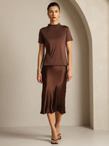 [Kaffee] SilkSilky-DE 100% Silk Jersey Short Sleeve Mock Neck T-Shirt 006