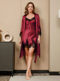 SilkSilky-DE Reine Seide 3/4-lange Ärmel Nightgown&Robe Set Dunkelrot 003