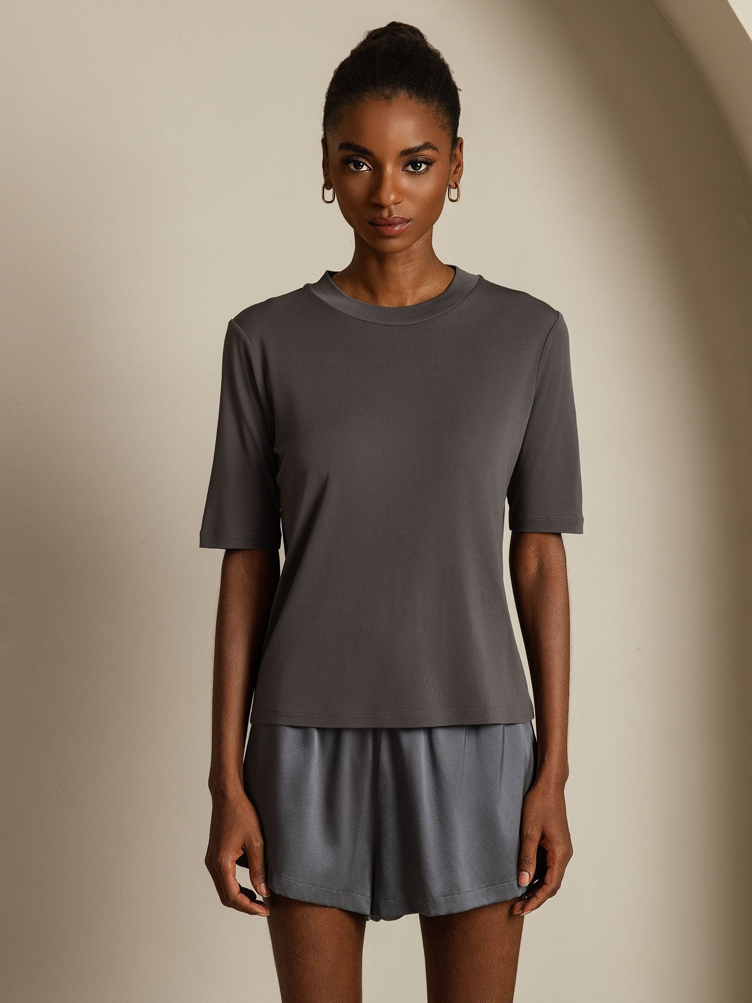 [Grau] SilkSilky-DE Reine Seide Womens T-Shirt 003