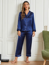[Dunkelblau] SilkSilky-DE Reine Seide Langärmelig Womens Pajamas 001