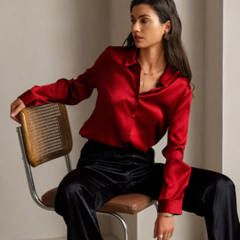 [Rot] SilkSilky-DE 19Momme Langärmelig Lapelkragen Damenhemd 001