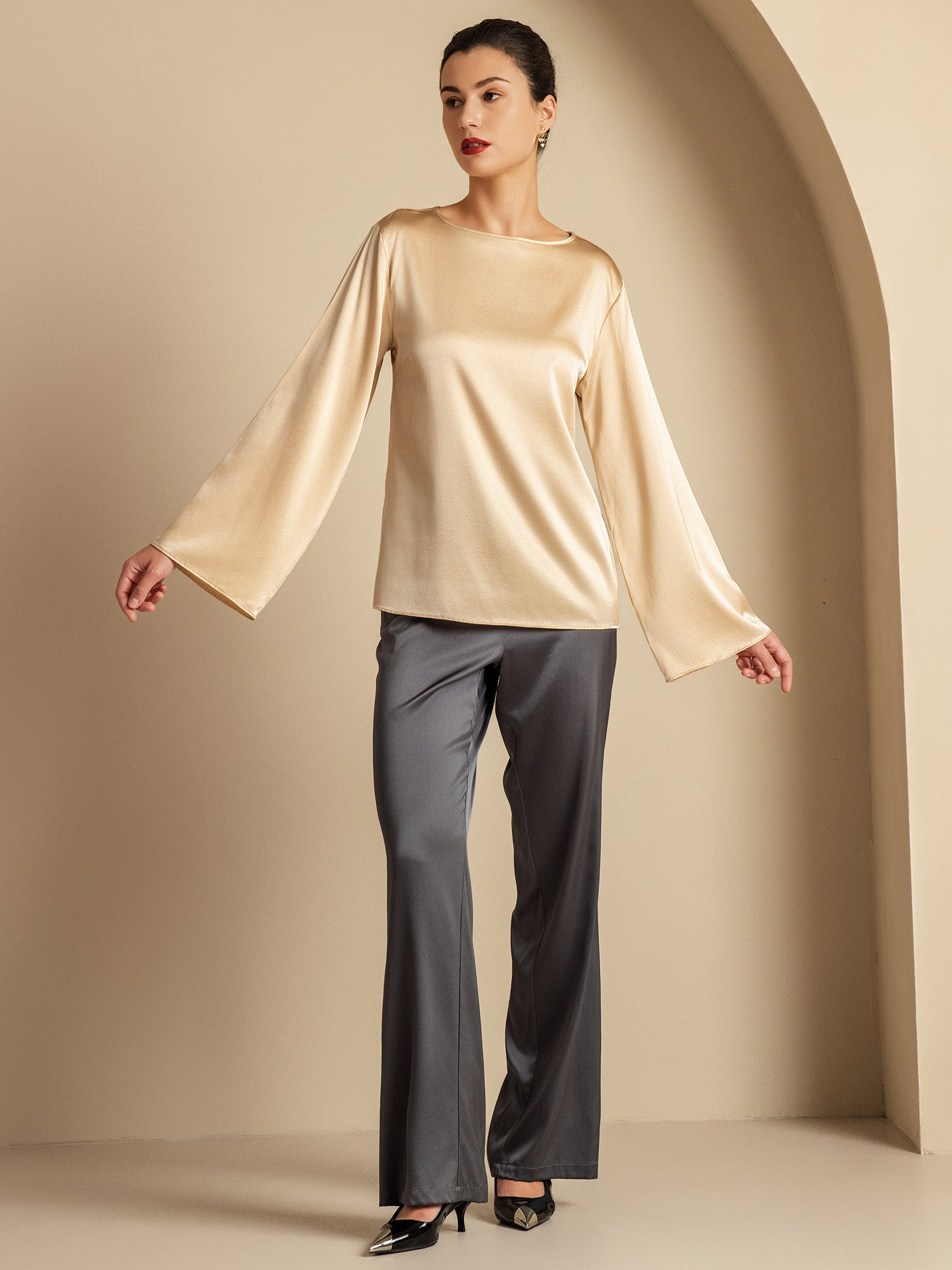[Champagner] SilkSilky-DE 19Momme Seide Womens T-Shirt 008
