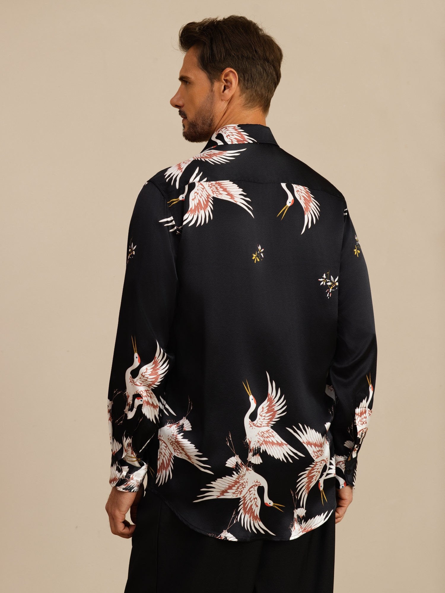 [Schwarz] SilkSilky-DE 19Momme Langärmelig Lapelkragen Herrenhemd 002