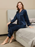 SilkSilky-DE Reine Seide Langärmelig Revers Damen Pyjamas Dunkelblau 001