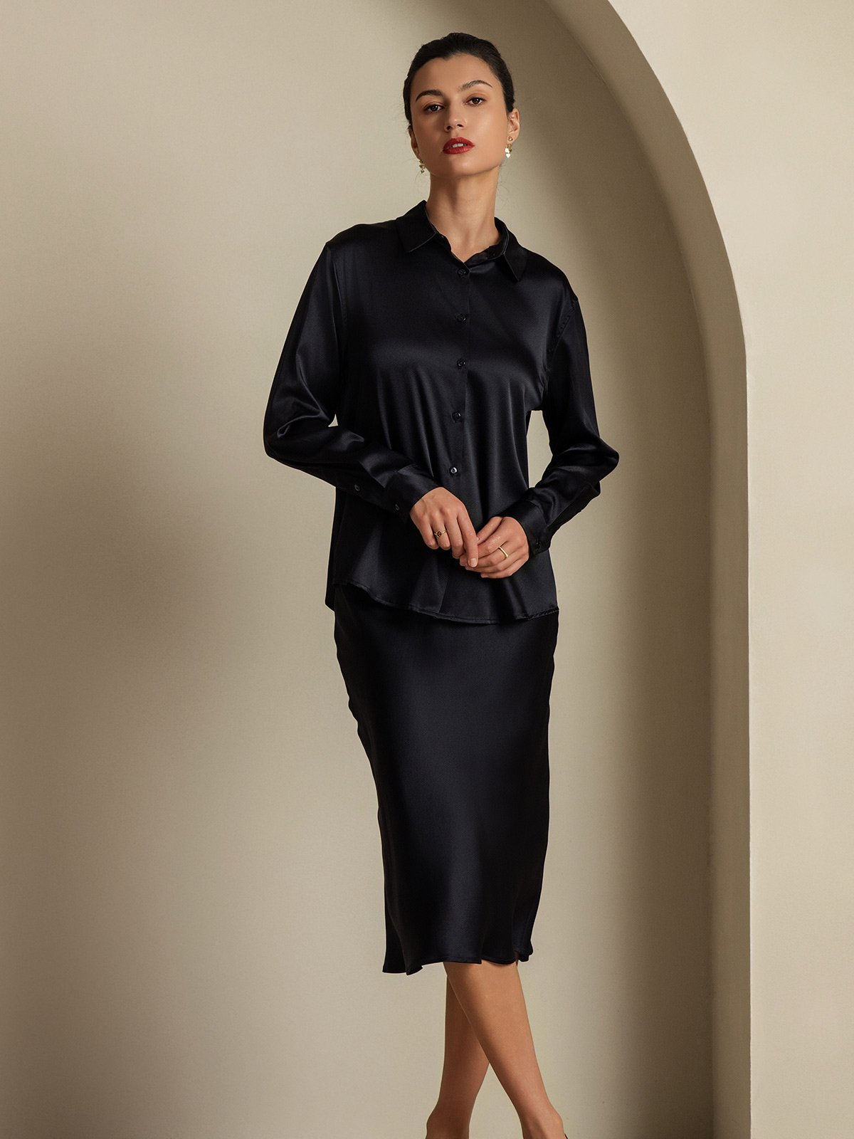 [Schwarz] SilkSilky-DE 19Momme Seidenstrick Umlegekragen Women''s Outfit Sets 007,