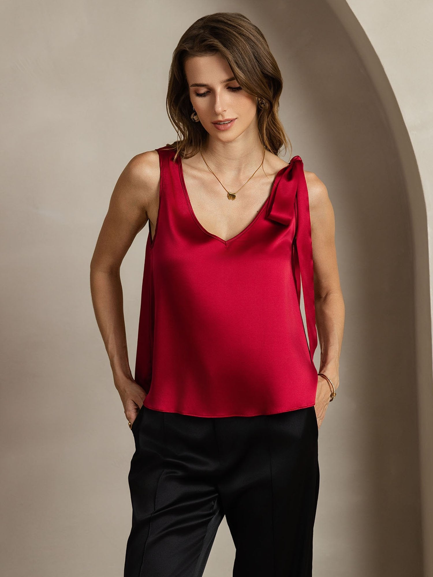[Rotwein] SilkSilky-DE 19Momme Seide V Ausschnitt T-Shirt 006
