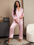 SilkSilky-DE 19Momme Reine Seide Langärmelig Revers Damen Pyjamas Rosa 001