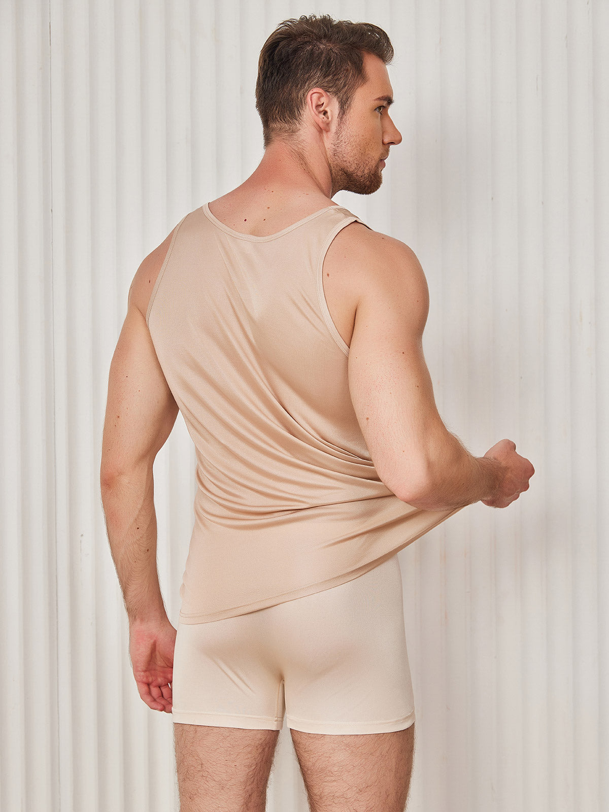 [Beige] SilkSilky-DE Seidenstrick Ärmellos Rundkragen Herren T-Shirt 002