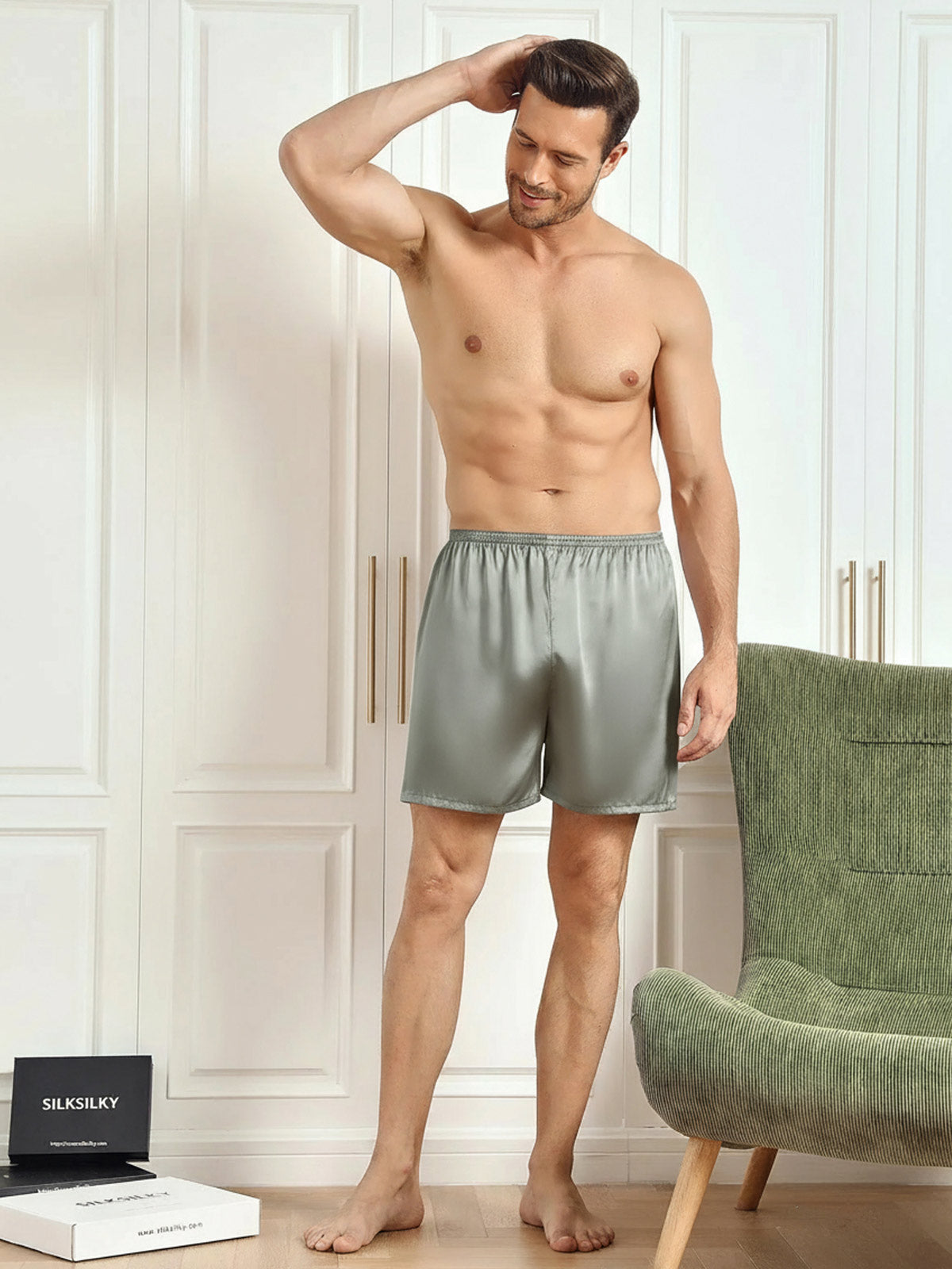 [Graugrün] SilkSilky-DE Reine Seide Mens Sleep Bottoms 004