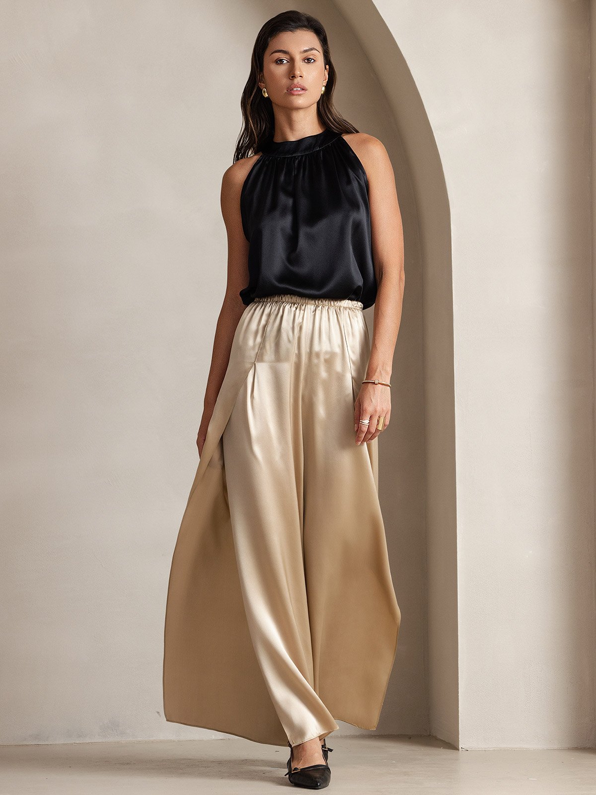 [Schwarz] SilkSilky-DE 19Momme Ärmellos Neckholder T-Shirt 003