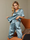 SilkSilky DE Reine Seide Kurzärmelig Revers Damen Pyjamas Stahlblau 007