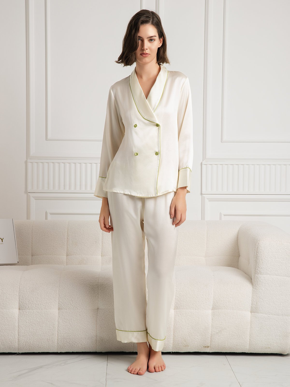 [Beige] SilkSilky-DE Reine Seide Langärmelig V Ausschnitt Damen Pyjamas 001