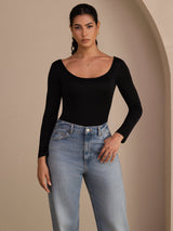 [Schwarz] SilkSilky-DE Long Sleeve U Ausschnitt T-Shirt 004