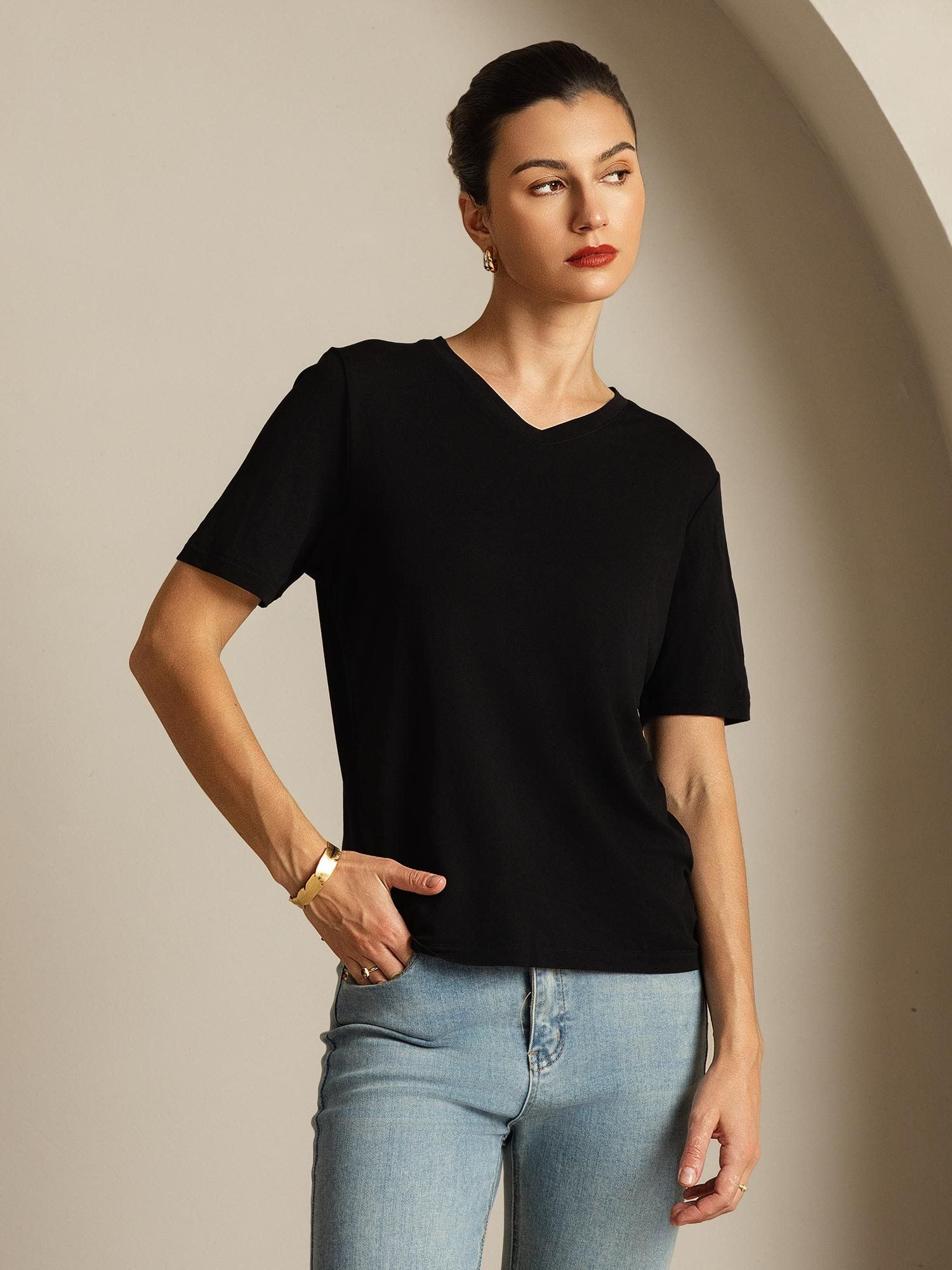 [Schwarz] SilkSilky-DE Reine Seide V Ausschnitt T-Shirt 007