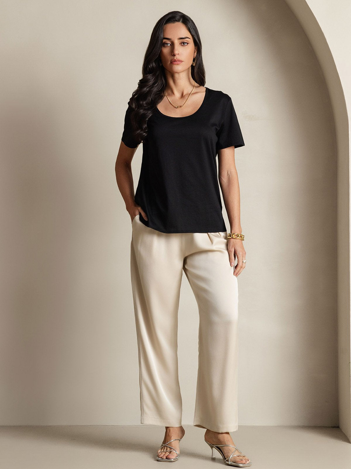 [Schwarz] SilkSilky-DE Seide Kurzärmelig U Ausschnitt T-Shirt 007