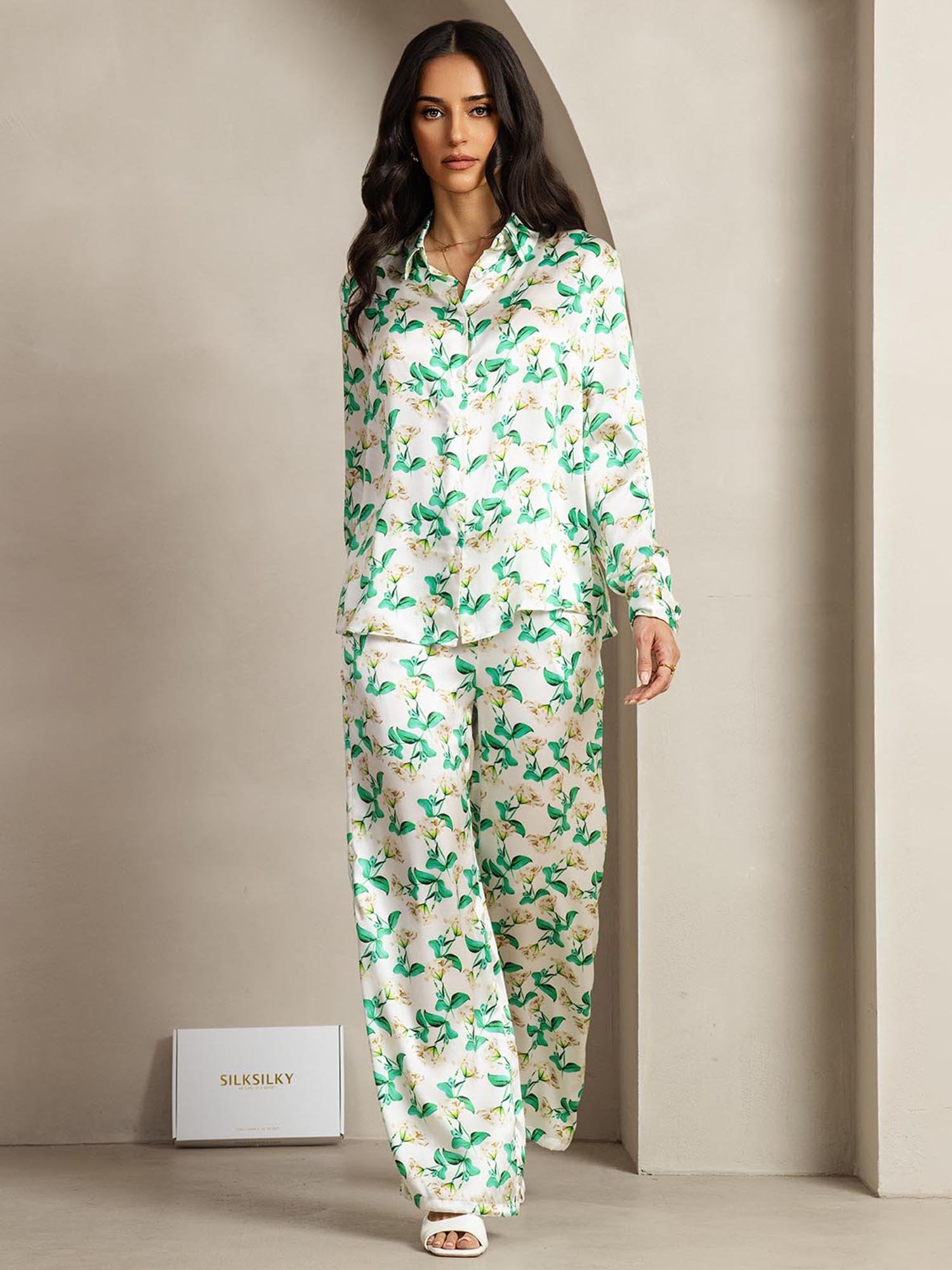 [GrünBlumen] SilkSilky-DE 19Momme Seide Umlegekragen Women''s Outfit Sets 002