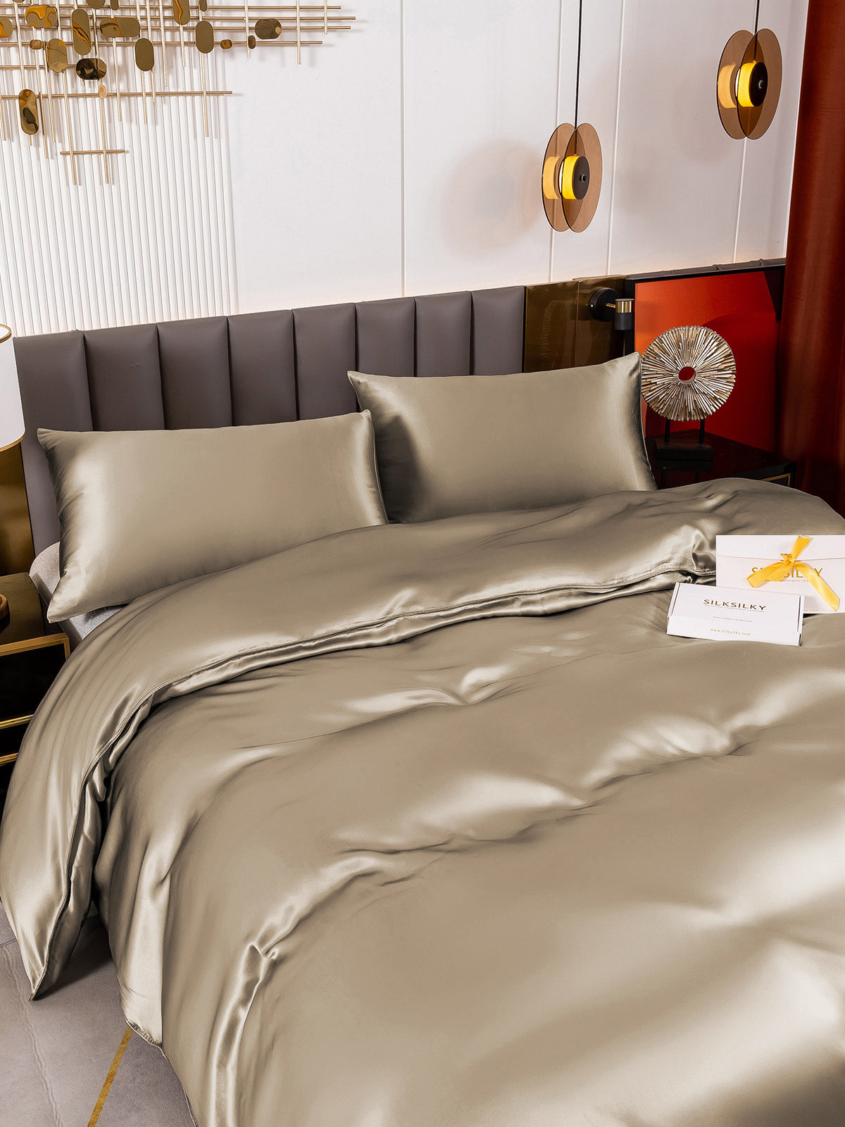 [Khaki] SilkSilky-DE 19Momme Reine Seide Bedding Set 001