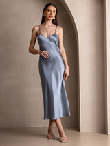 [Graublau] SilkSilky-DE Sleeveless V Neck Kleider 004