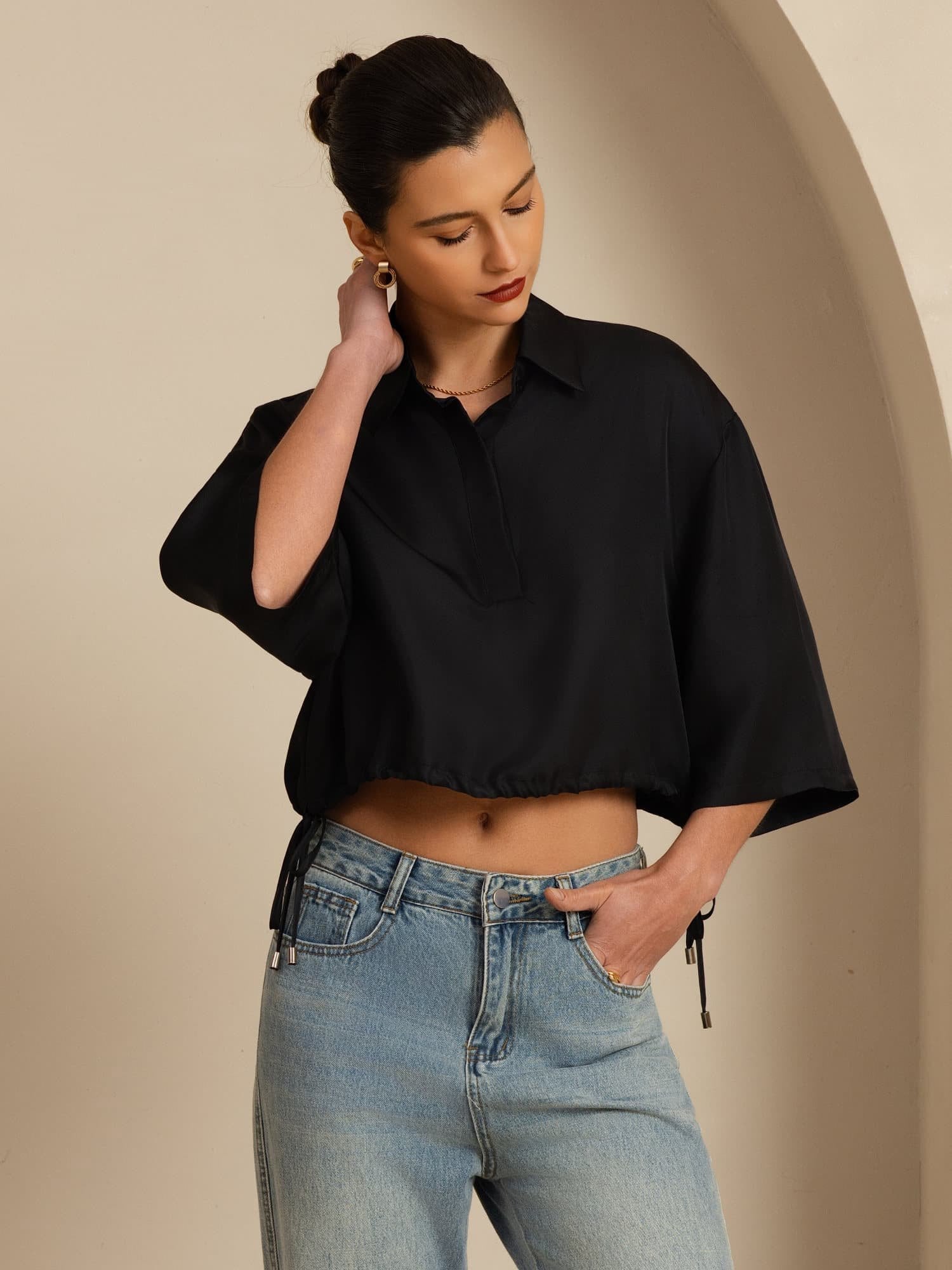 [Schwarz] SilkSilky-DE 18Momme Halblange Ärmel Lapelkragen Bluse 005